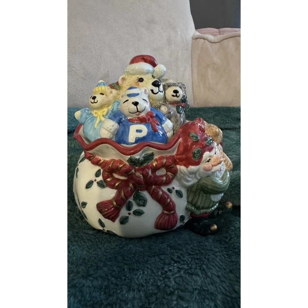 Vtg Christmas Fitz & Floyd Elf & Teddy Bears Lid Covered Candy Dish 6